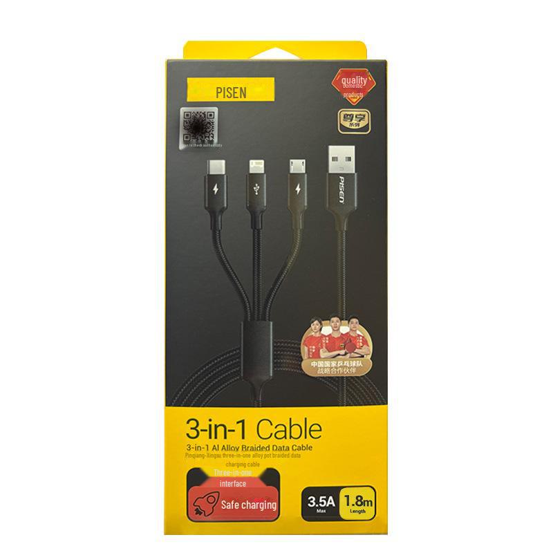 PISEN Кабель для передачи данных 3-в-1 в оплетке из алюминиевого сплава для устройств Apple, Android, Type-C