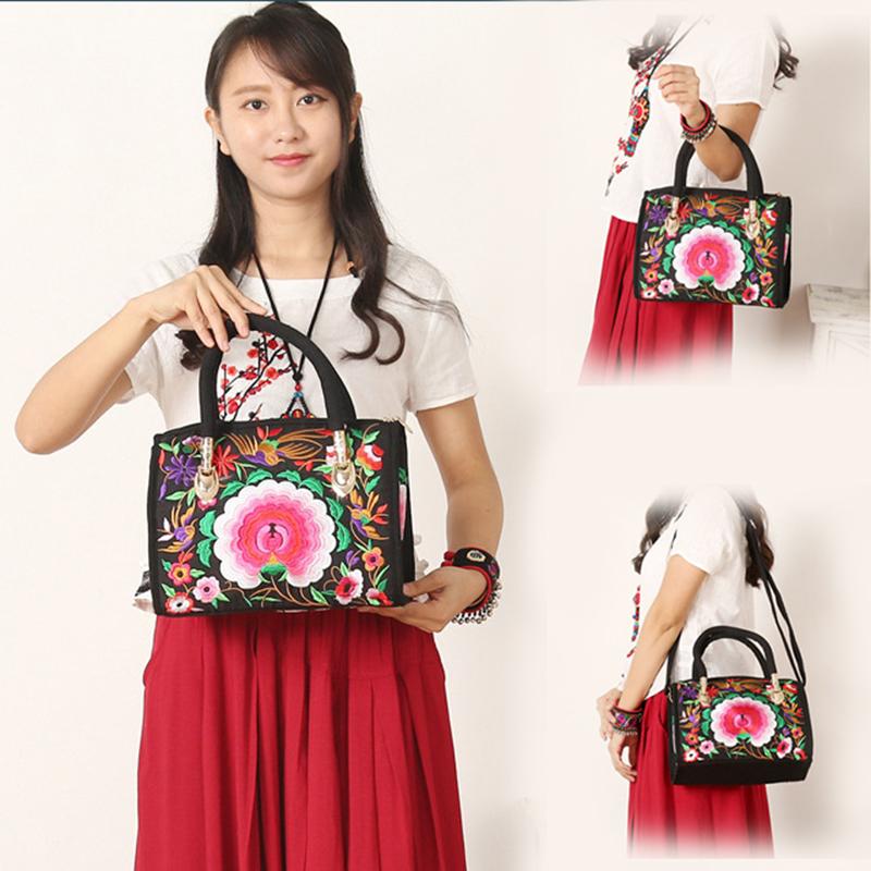 Bohemian Women Floral Embroidered Canvas Handbag Vintage Ladies Casual Ethic Boho Shopping Zipper Shoulder Travel Bag
