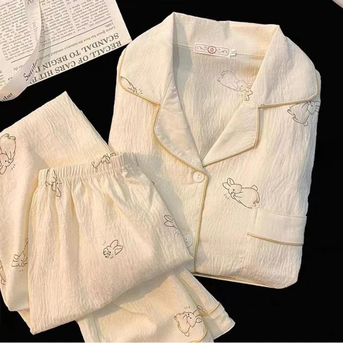 Женская мягкая пижама из искусственного хлопка, одежда для сна, осенний пижамный комплект с принтом цветов и кроликов, удобный повседневный милый домашний костюм из 2 предметов