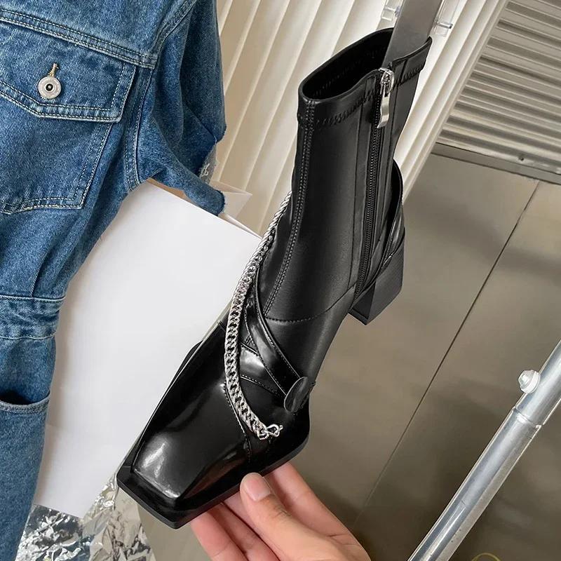 Designer Vintage Chelsea Boots Women Thick High Square Toe Zipper Autumn Winter Ladies Slim Short Booties