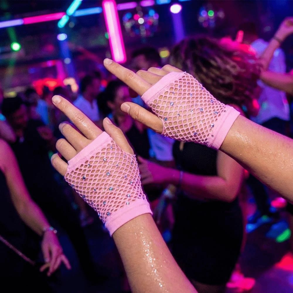 Shiny Fishnet Fingerless Gloves Elastic Mesh Lace Gloves Fashion Rhinestone Gloves Party Wear