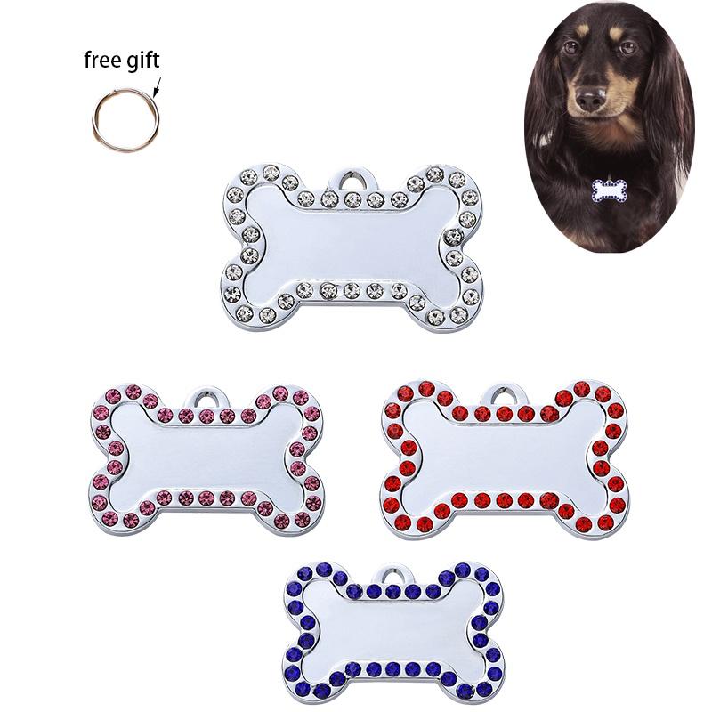 Pet Diamond Edge Dogs Tag Bone Shaped Anti Loss Jewelry Metal Pink Pendant Blue