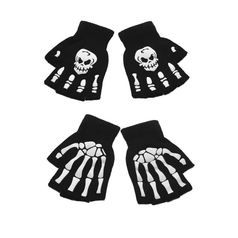 Luminous Halloween Skeleton Skull Gloves Punk Half Finger Gloves Winter Unisex Skull Fingerless Knitted Mitten Glow In The Dark