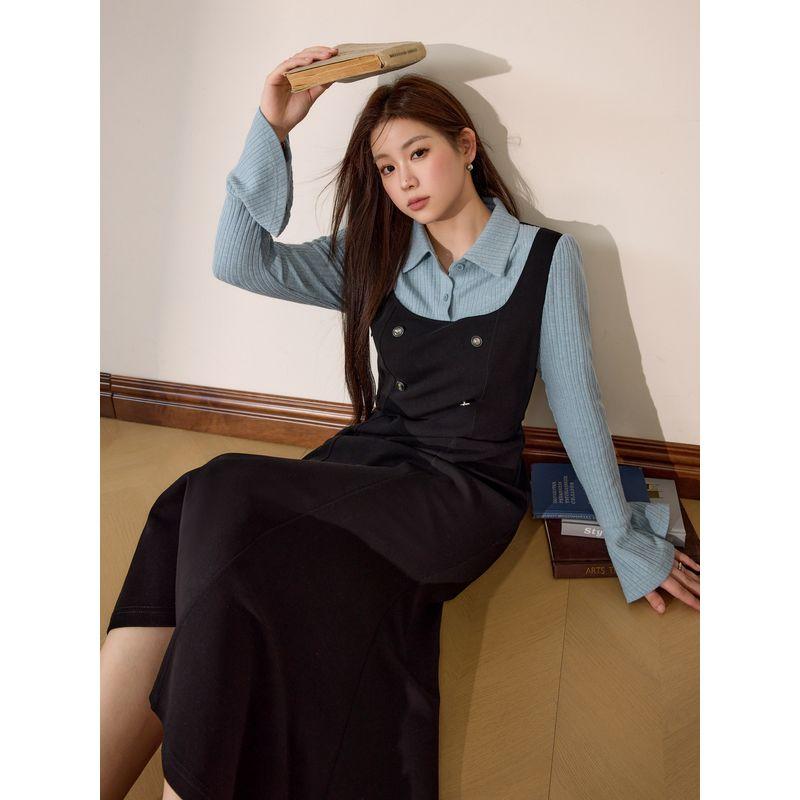 Blue Language Plus-Size Women's Clothing, Fat-Friendly French Elegant Faux Two-Piece Dress, 2026 Spring Slimming and Body-Covering A-Line Long Dress