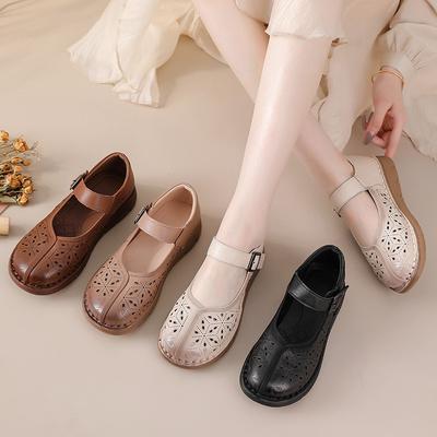 Летние новые женские туфли на плоской подошве в винтажном стиле - сандалии из натуральной кожи с вырезами и гибкой подошвой из термопластичной резины, дышащая однослойная толстая кожаная обувь в стиле ретро