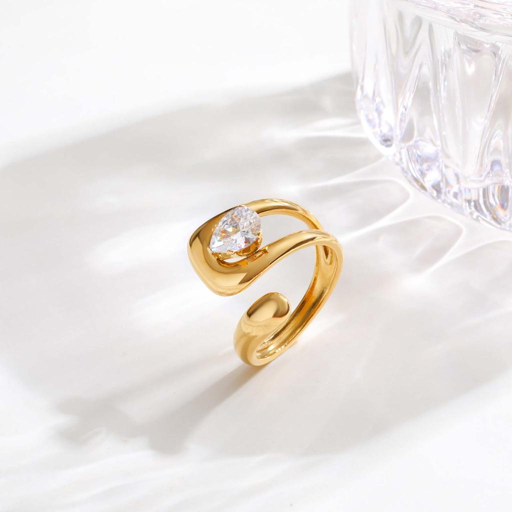Cubic Zircon Irregular Hollow Opening Ring for Women, Geometric Twist Lines Stainless Steel Ring, Fashion Waterproof Jewelry