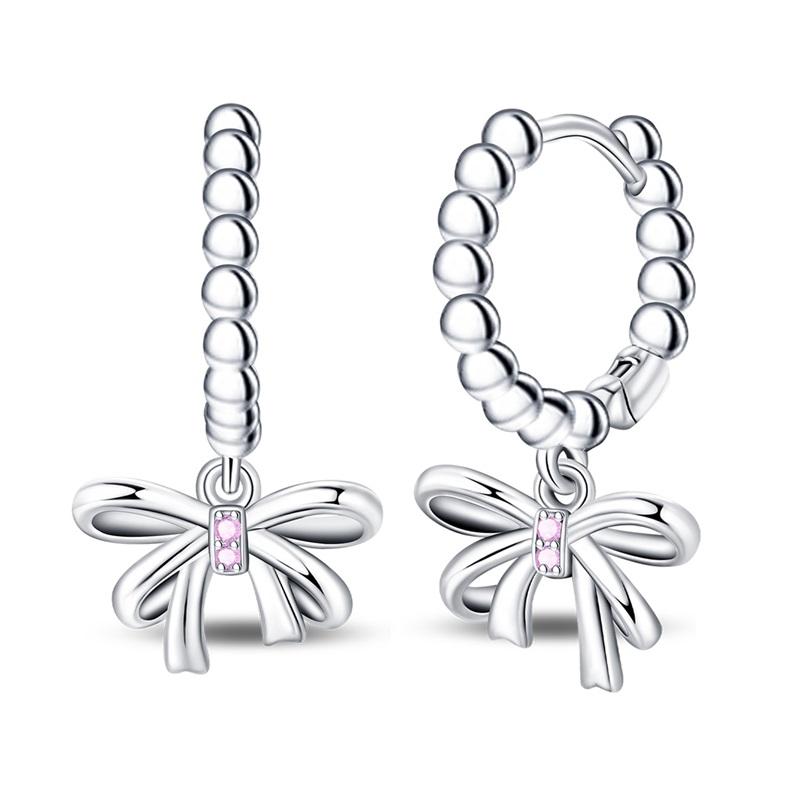 Новые медные серьги-пусеты в виде розовых бантиков с блестками и серьги-кольца с подвесками-паве для девочки, милые романтические украшения в подарок