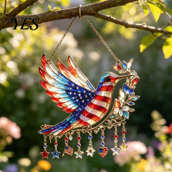 Red White Blue Sun Catcher Patriotic Hummingbird Catcher, 250th Anniversary Fourth of July Bird Wall Hanging Decoration, Stars And Stripes Suncatcher