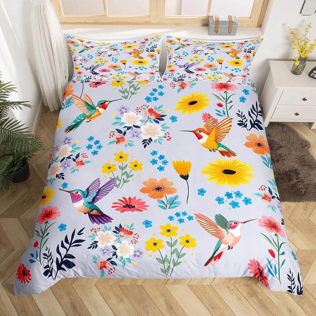 Пододеяльник с колибри и цветами, Постельный комплект с птицами, Синий, Зеленый, Весенний, Дикие животные, Ботанический, Чехол для одеяла, Полиэстер, Чехол для одеяла