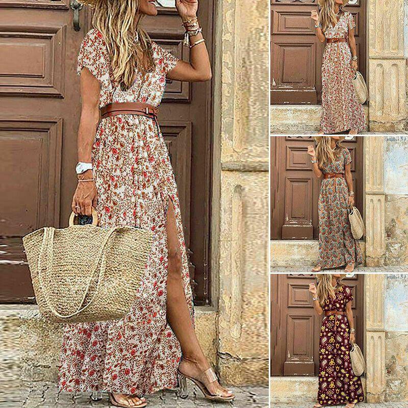 Цветочное Женское Летнее Длинное Макси Платье Леди V-образный Вырез Бохо Пляжное Праздничное Сарафан