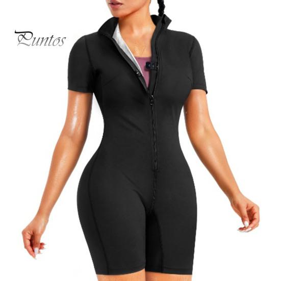 Спортивный компрессионный компрессионный компрессионный компрессионный компрессионный компрессионный комбинезон с застежкой-молнией и воротником-стойкой, спортивный костюм с короткими рукавами для сжигания калорий, спортивный костюм для тренировок с высокой эластичной талией