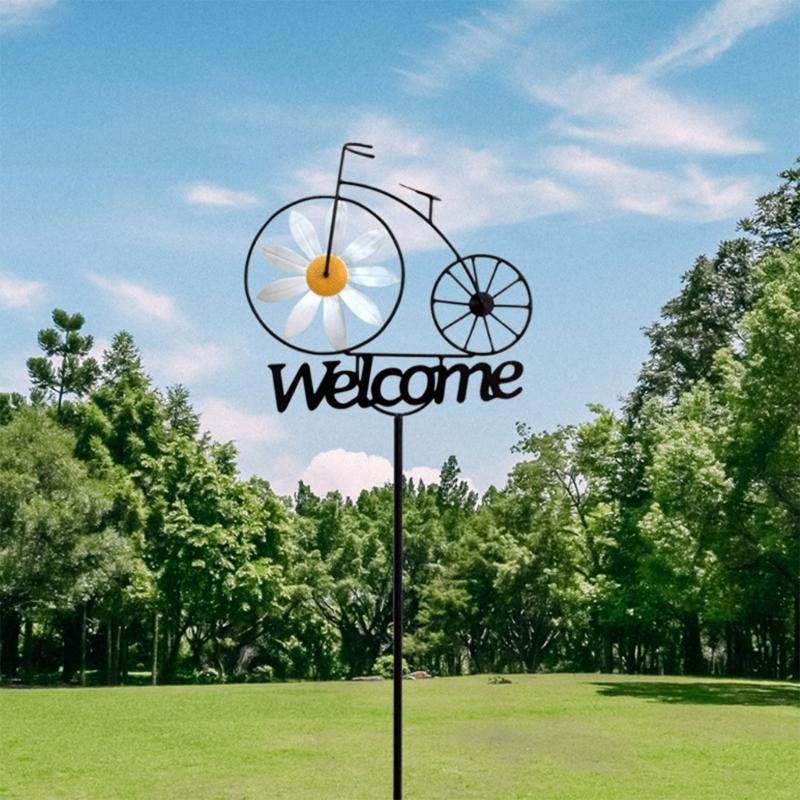 Garden Stake Welcome Windmills Bicycles Flower Wind Spinner Outdoor Spinning Wheels Yard Insert Decorative Iron Stakes