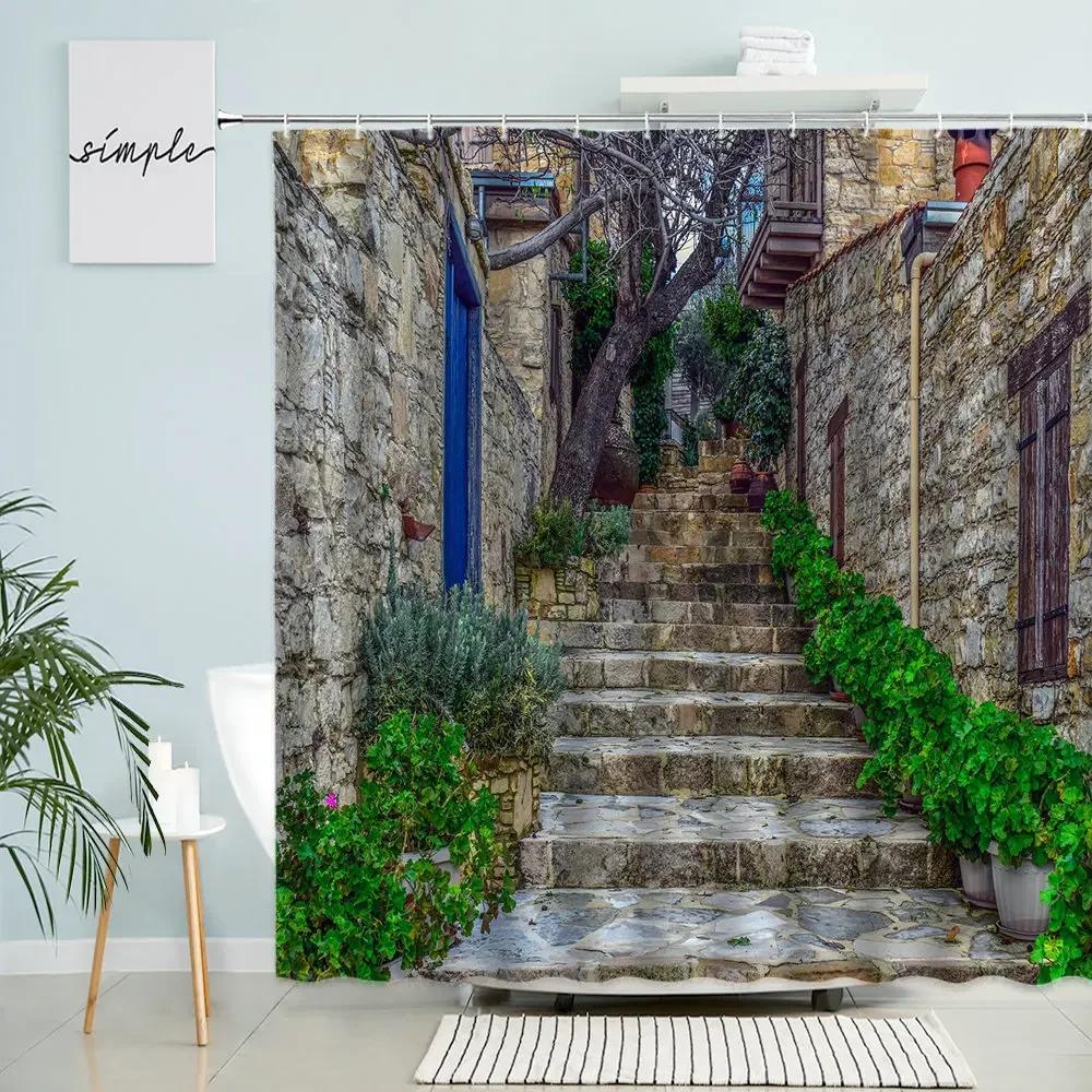 Greece Street View Shower Curtain Country Retro Town Spring Green Plants Flowers Vines Scenery Bathroom Decor With Hook Screen