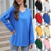Women's Fashion V-neck T-shirt Loose Drop Shoulder Sleeve V-neck Solid Colour Long Sleeve Tops