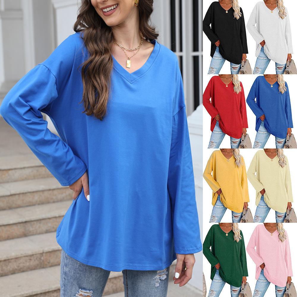 Multi Color Oversized Loose V-neck Solid Color Women's T-Shirts