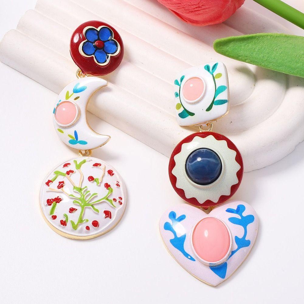Cute Creative Asymmetrical Enamel Dangle Earrings Charm Zircon Geometric Stud Earrings Long Retro Bohemian Dangle Earring Gift