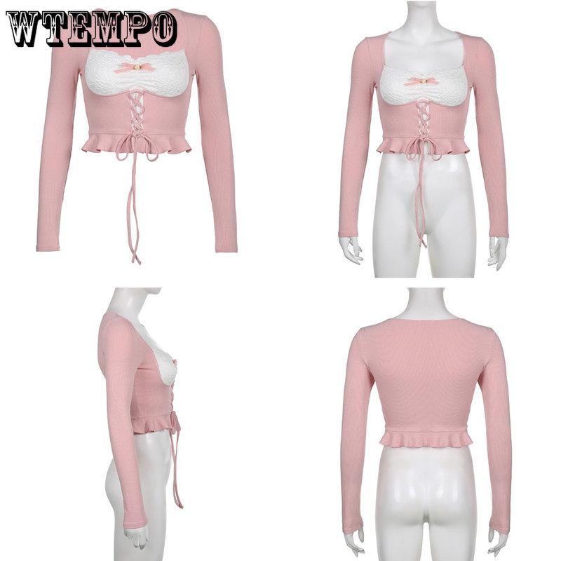WTEMPO Розовые лоскутные вязаные топы Kawaii, повседневные базовые футболки с рюшами и шнуровкой в ​​японском стиле Y2K Lolita
