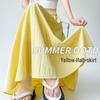 Женская желтая длинная плиссированная юбка с высокой талией из ледяного шелка - Летний дизайн А-силуэта, стройнящий