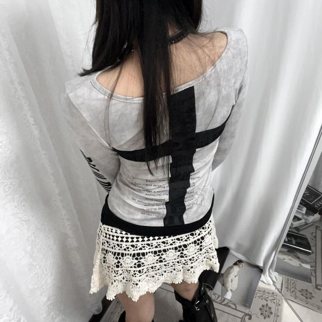 Осенний одно плечо сексуальный панк-дизайн Sense Cross с длинными рукавами Y2K Spicy Girl Slim Fit винтажные топы Тонкие и универсальные топы