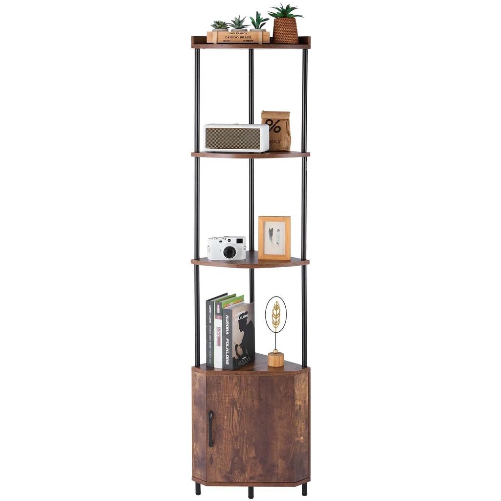 VEVOR 5 Tier Corner Shelf, Tall Corner Stand with LED Light and Doors, Wall Shelves Tower Storage Organizer, Metal Frame & Wooden Shelves