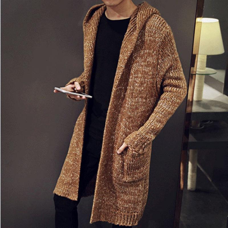 Men Hooded Jacket Long Knitted Cardigan Coats Solid Color Sweater Coats Autumn Knitted Jacket