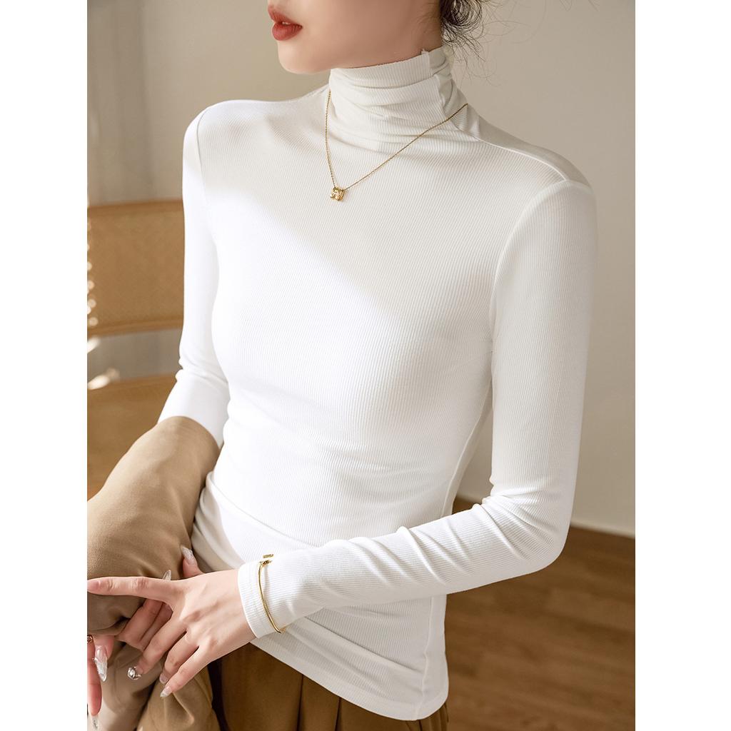 Threaded Cotton High-neck Base Shirt for Women Long-sleeved T-shirt Autumn and Winter Clothes Slim Fit and Shoulder Top
