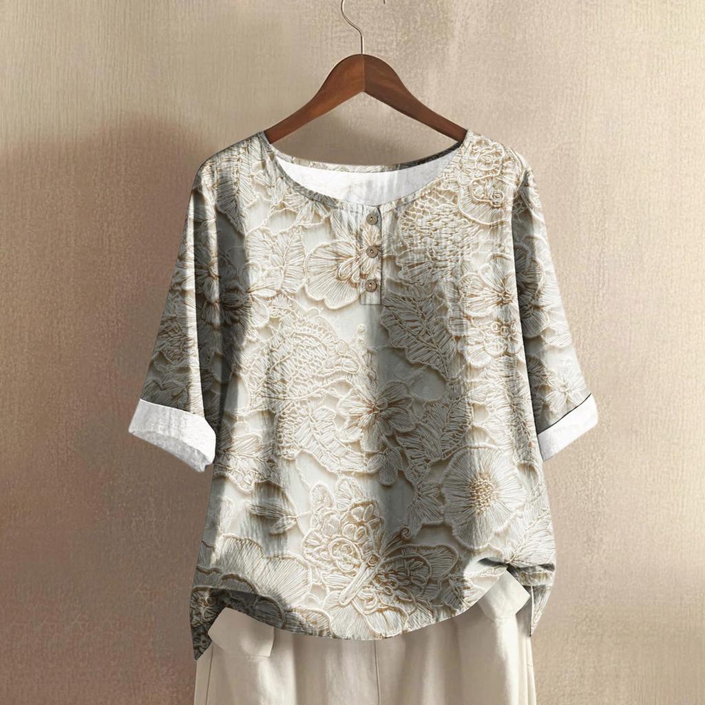 Женская модная и повседневная рубашка с полурукавом, круглым вырезом, принтом, из хлопка и льна, блузка-топ