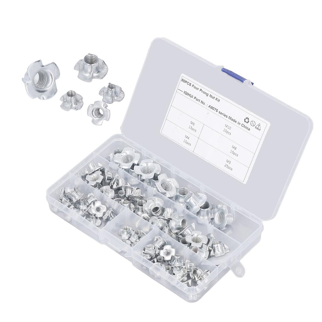 Набор Т-образных гаек 80 шт. 5 спецификаций Углеродистая сталь Белое цинкование Устойчивость к ржавчине Высокая твердость 4