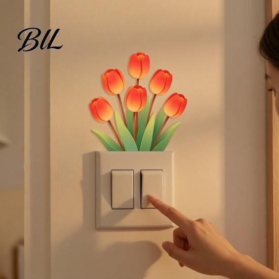 Night Glowing Sticker Glow-in-the-Dark Tulip Switch Sticker, Waterproof Floral Wall Decoration Decal, Peel Removable and Stick Light for Bedroom