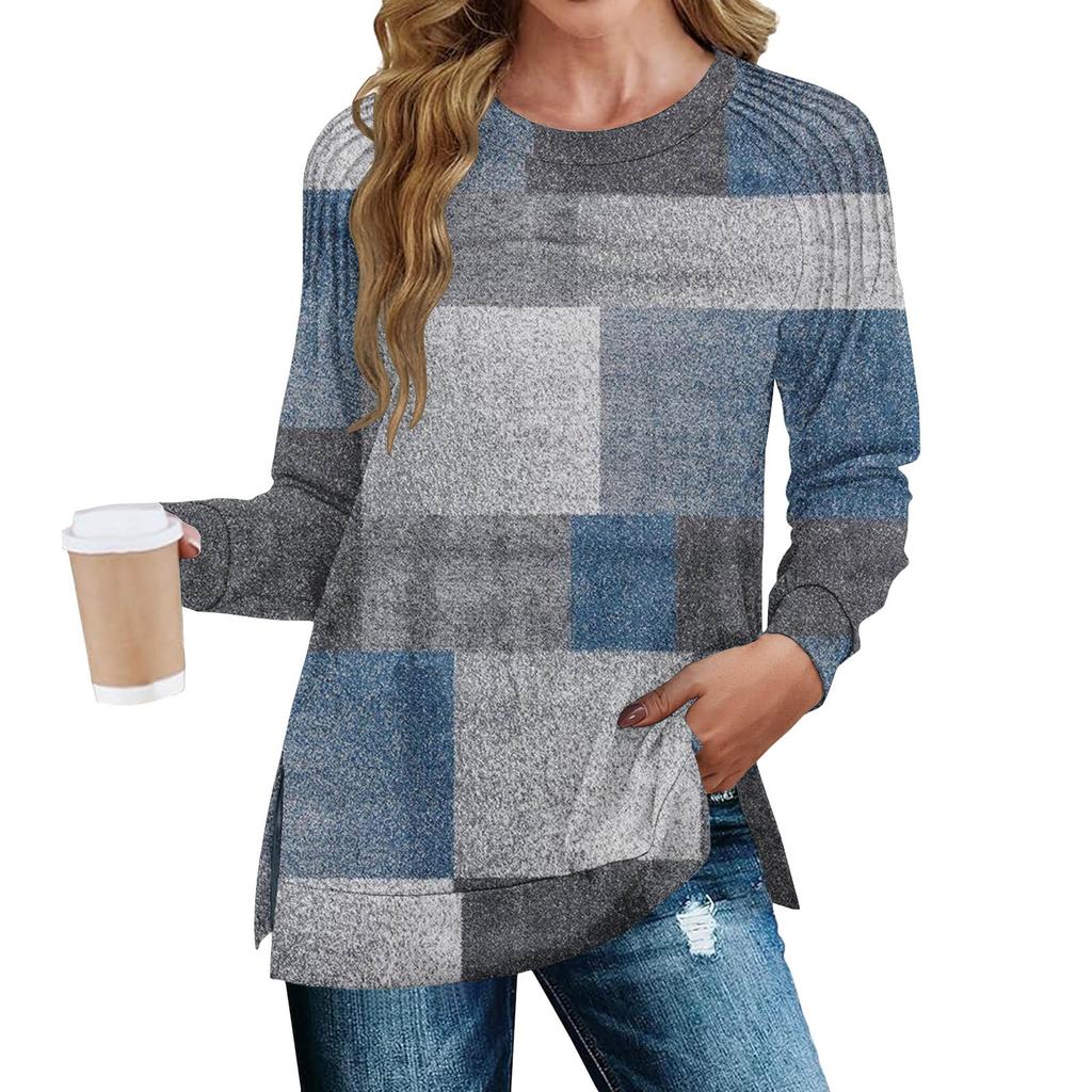 Women's Fashion Casual Split Print Pleated Hem Split Loose Fit Fall Sweatshirt Long Sleeve Top