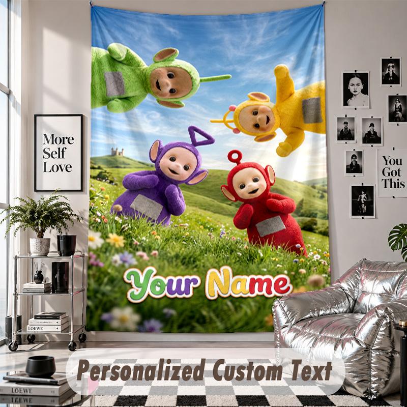 Wall Hanging Tapestry With Custom Name & Text, Teletubbies Decorative Tapestry For Bedroom