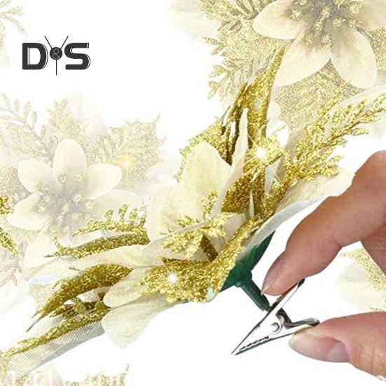 12 шт. блестящих рождественских украшений в виде пуансеттии с зажимами, искусственные цветы для украшения рождественской елки, свадебного венка