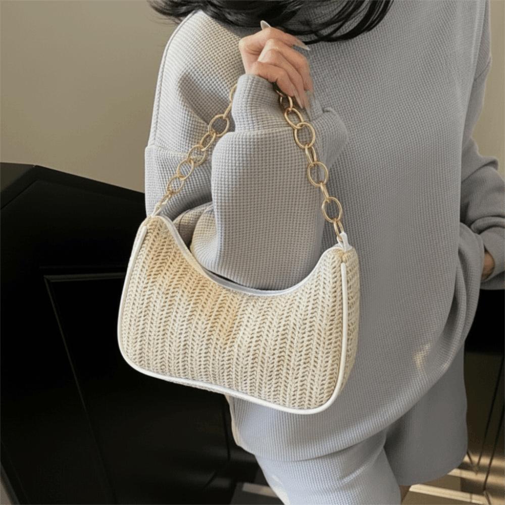 Zipper Weave Underarm Bag Square Beach Handbag Casual Straw Shoulder Bag Travel