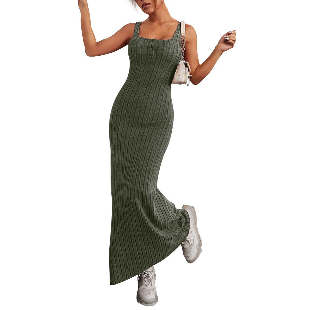 Женские летние повседневные длинные платья без рукавов с пуговицами на шее, облегающие платья с эластичным кроем