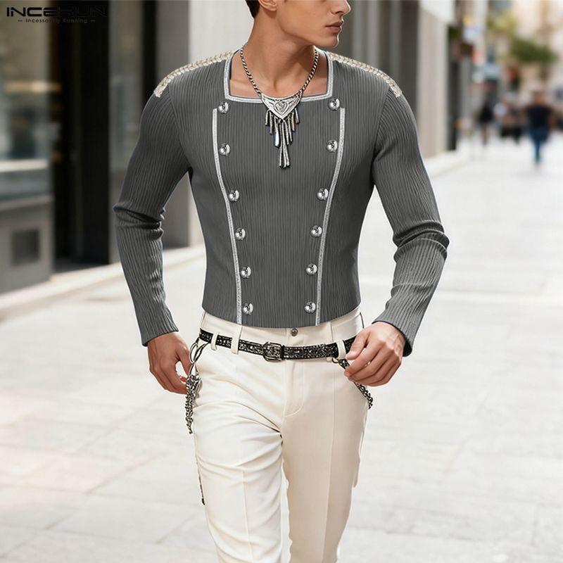 INCERUN Мужские футболки с квадратным вырезом, длинным рукавом, пэчворком, пуговицами, облегающие, укороченные топы