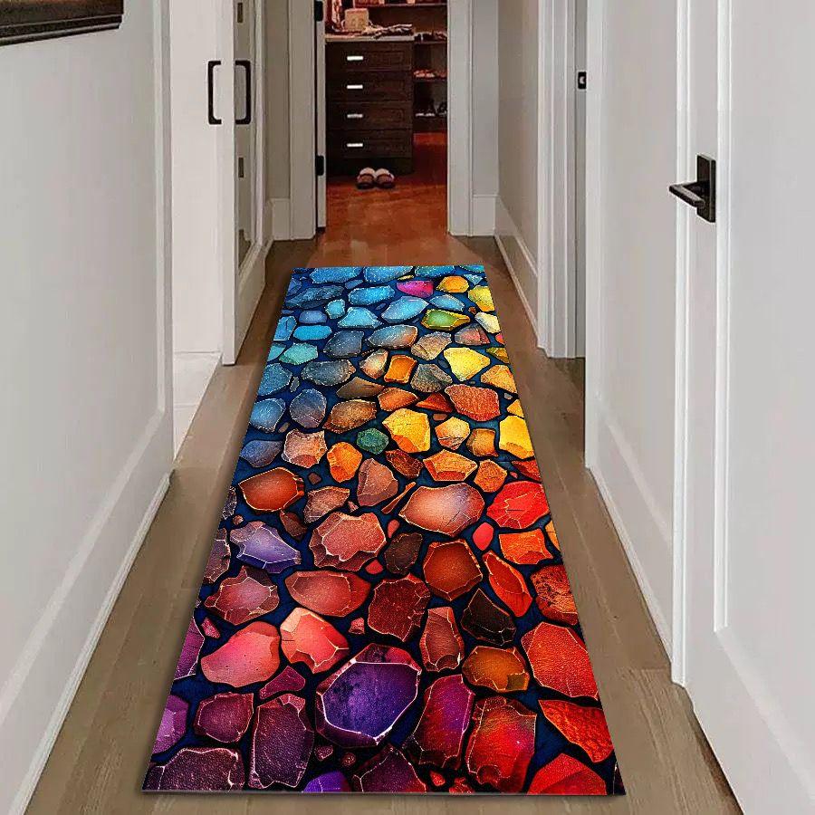 Stained Glass Pebble Runner Rug Mosaic Design for Hallway Non-Slip