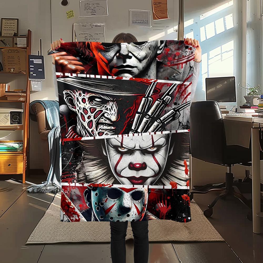 1Pc Horror Movie Print Flannel Blanket, High quality Comfortable for All Seasons, Home Decor, Warmth and Comfort, Perfect for Christmas Gifts
