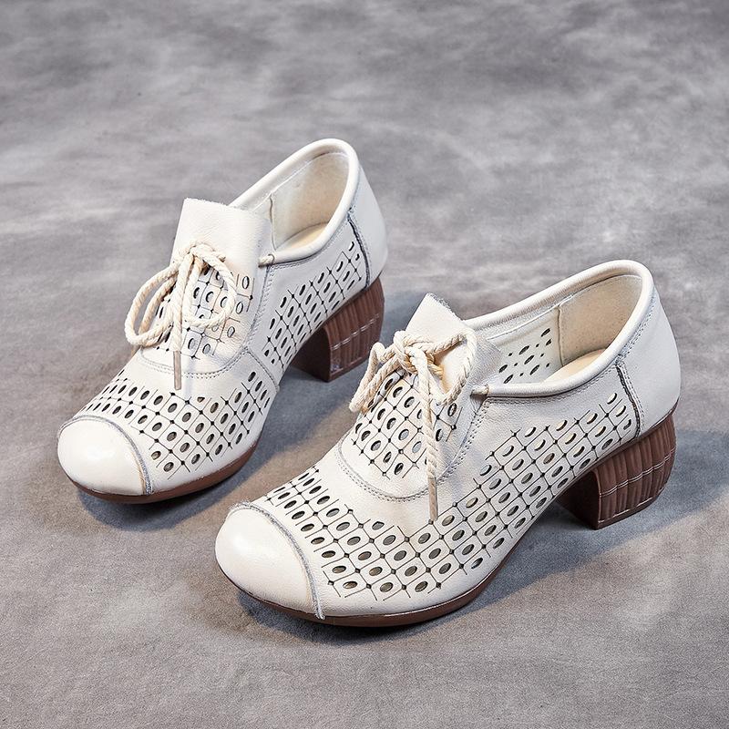 Johnature Ретро женская обувь Натуральная кожа Перфорированные Дышащие Мягкая подошва Толстый каблук Сандалии
