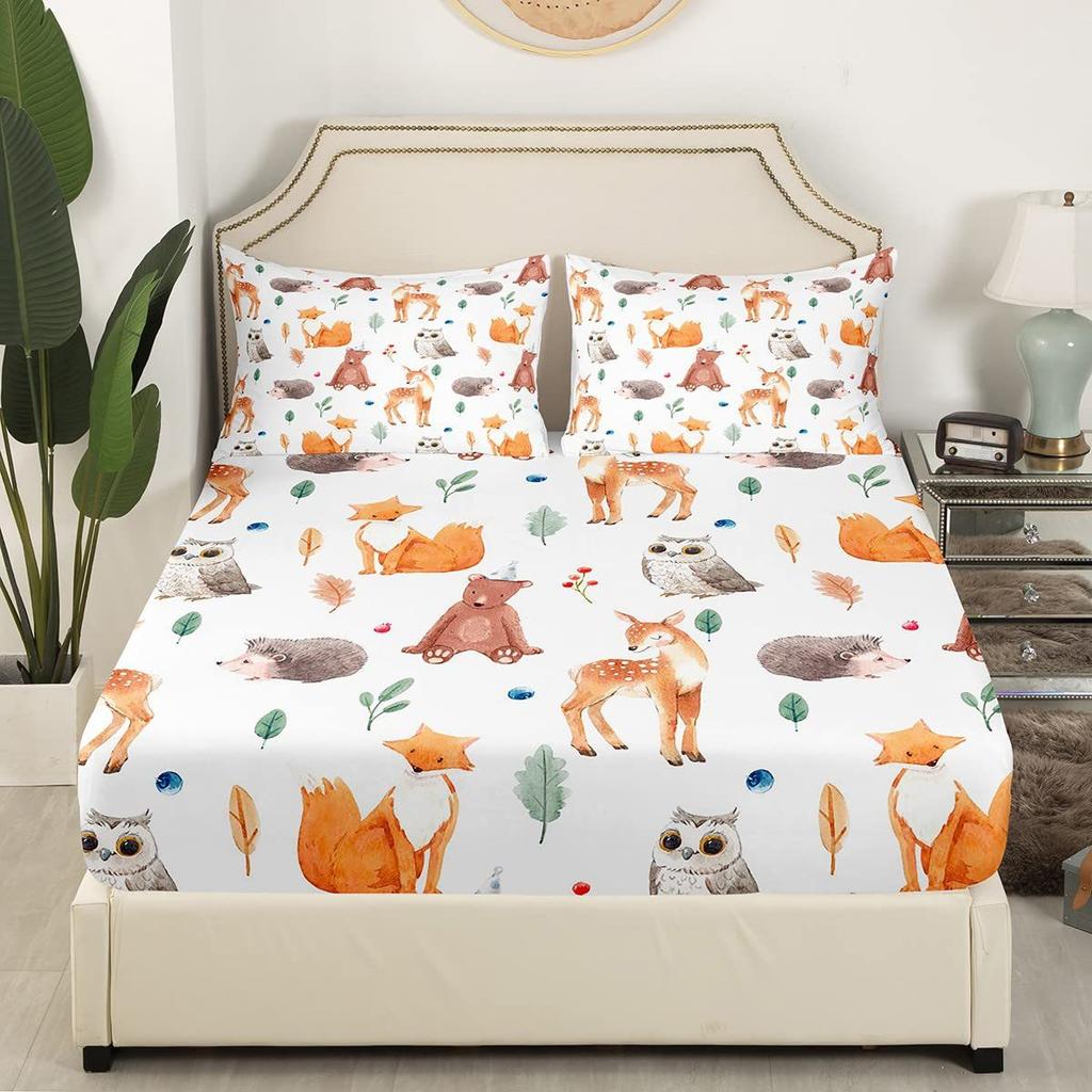 Cartoon Animal Fox Owl Hedgehog Deer Pattern Bed Hat Four-piece Set Bedroom Dormitory Bedding Decoration