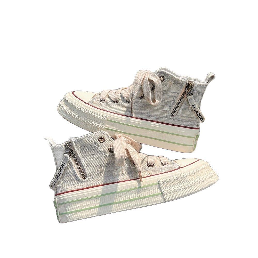 Холщовые туфли женские 2025 новая весна студенческие повседневные дышащие нескользящие спортивные средней высоты на толстой подошве маффин маленькие белые кеды