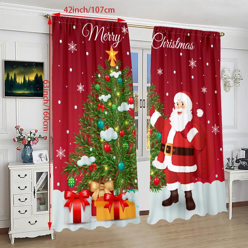 2 Pieces of Santa Claus Christmas Tree Printing Curtain - Polyester Material Suitable for Bedroom Living Room Study Priva