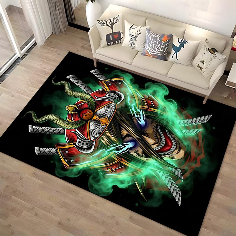 Samurai Mask Design Carpet with Green Smoke and Sword Patterns Suitable for use as an anti-slip for living room bedroom sofas