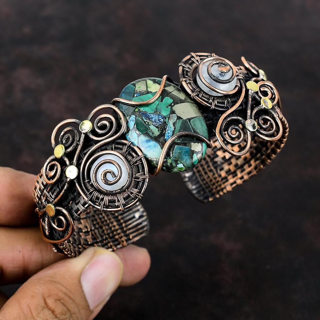 Медный азурит-малахитовый браслет-манжета Браслет из медной проволоки Регулируемый браслет-манжета Браслет из лунного камня Изысканные ювелирные изделия ручной работы из драгоценных камней