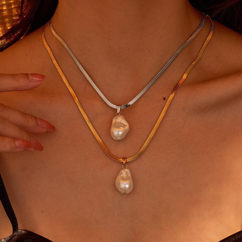 GEMCHIC Женское ожерелье из нержавеющей стали с барочным жемчугом, модный геометрический дизайн
