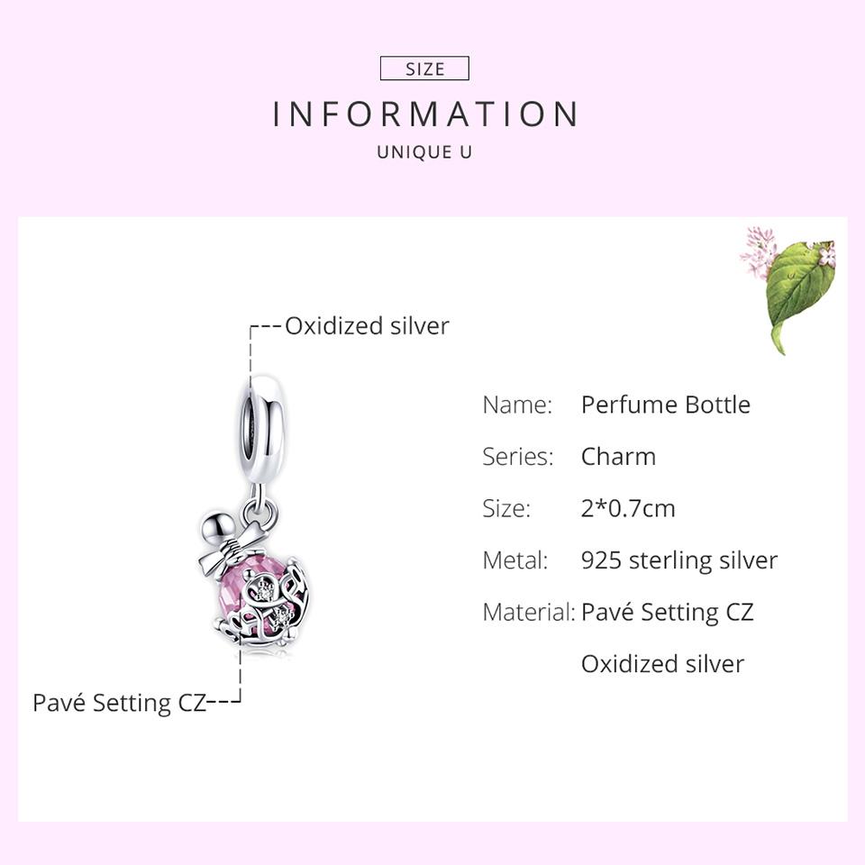 WOSTU 925 Sterling Silver Shiny Pink Cubic Zirconia Retro Patterns Perfume Bottle Charm Pendant for Original 3mm Bracelets & Necklaces