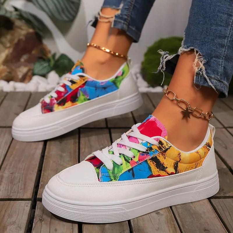 2024 Новые модные однотонные универсальные удобные женские кроссовки на шнуровке с неглубоким носком, круглым носком и плоской подошвой