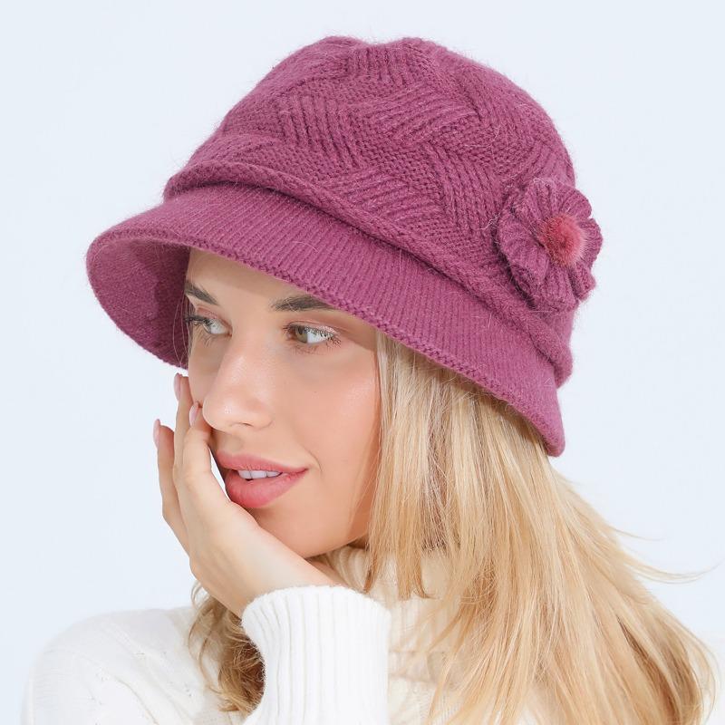 Knitted Hat Women's Autumn Winter Flower Fashion Mom Rabbit Wool Pot Hats & Caps with Thick Velvet Warmth Hat