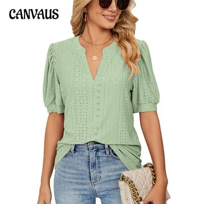 Летняя женская футболка, повседневная однотонная футболка с v-образным вырезом, свободные футболки с рукавами-пузырьками, женские топы