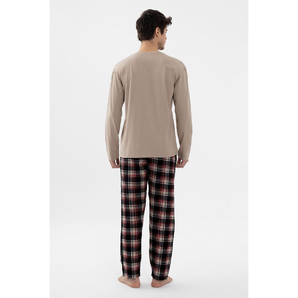Men's Cotton Long Sleeve Basic Black - Mink Patterned Pocket Detail Pajama Set