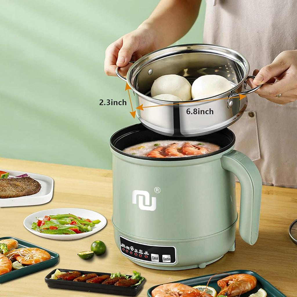 Hot Pot with Timer and Automatic Shut Off Non-Stick Rapid Noodle Cooker w Stainless Steel Steamer Basket